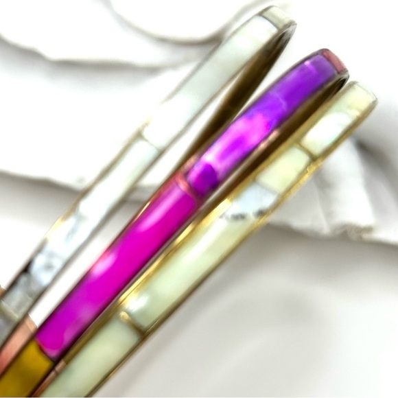 Brass Bangles Set of 3 Inlayed with Mother of Pearl and Abalone Shell - Picture 5 of 6